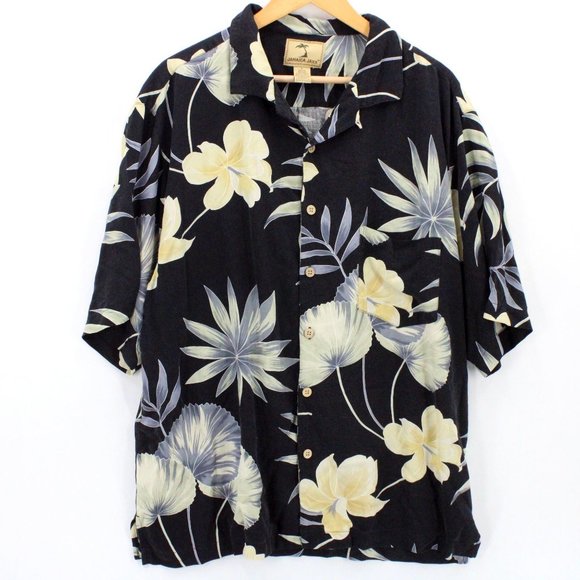 Jamaica Jaxx Hawaiian Silk Shirt Mens Black Button Down Floral Short Sleeve Sz L - Picture 1 of 9